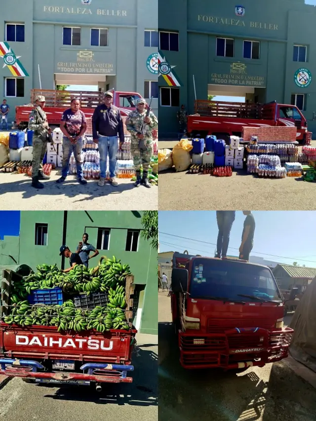 Ejército decomisa contrabando de bebidas y cigarrillos oculto en un camión bajo carga de guineos.